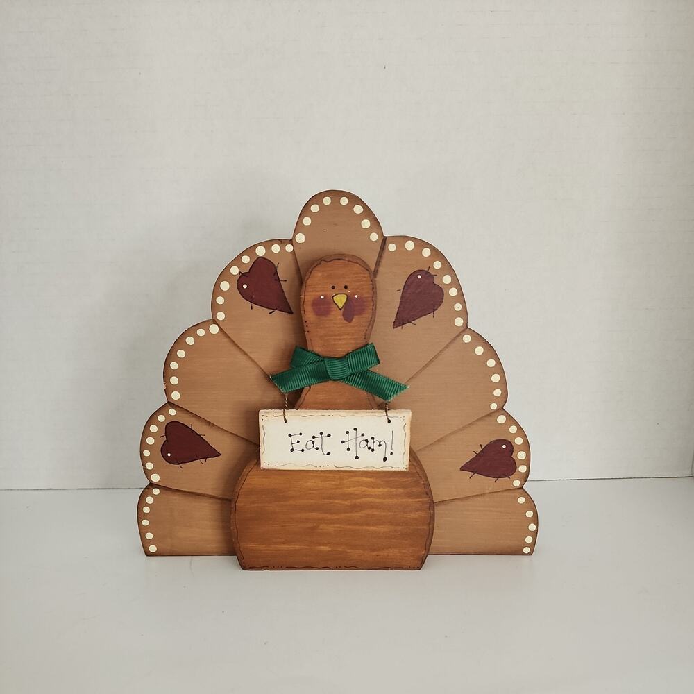 Vtg Hand Crafted Painted Wooden Folk Art Turkey-Hearts, Eat Ham Sign- Signed - Picture 12 of 16